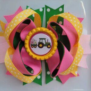 John Deere Tractor Pink Yellow Green Bottle Cap Hair Bow 5"